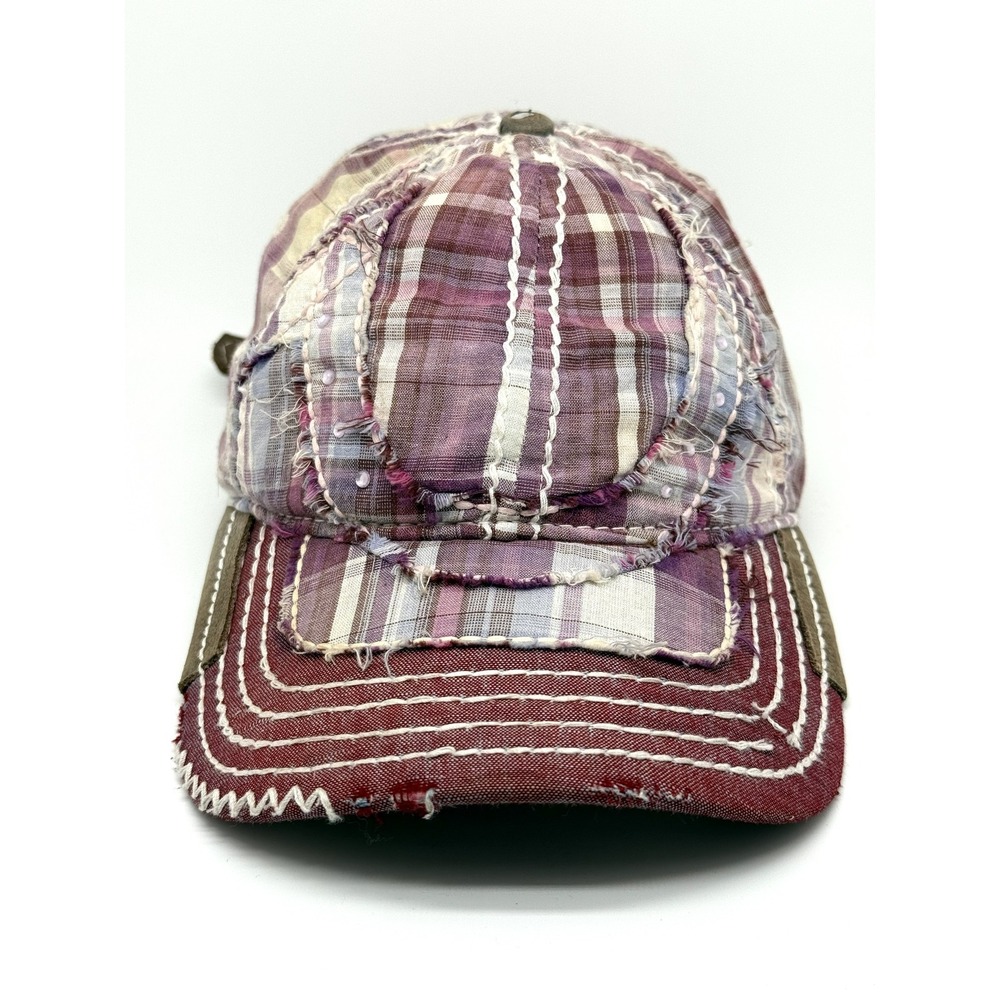 True Religion Hat Cap Leather Strap Back Vintage Y2K Plaid Buddha Brand Sequin